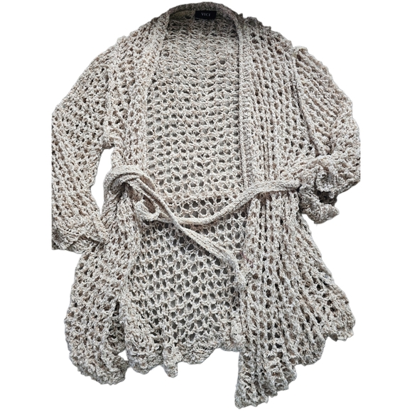 Crochet Large Loop Open Knit See Through Sweater With Tie Belt - Picture 2 of 4